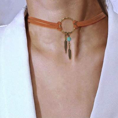 Vintage Leather Choker Leaf Pendant Clavicle Chain Collar Necklace for Women Girls