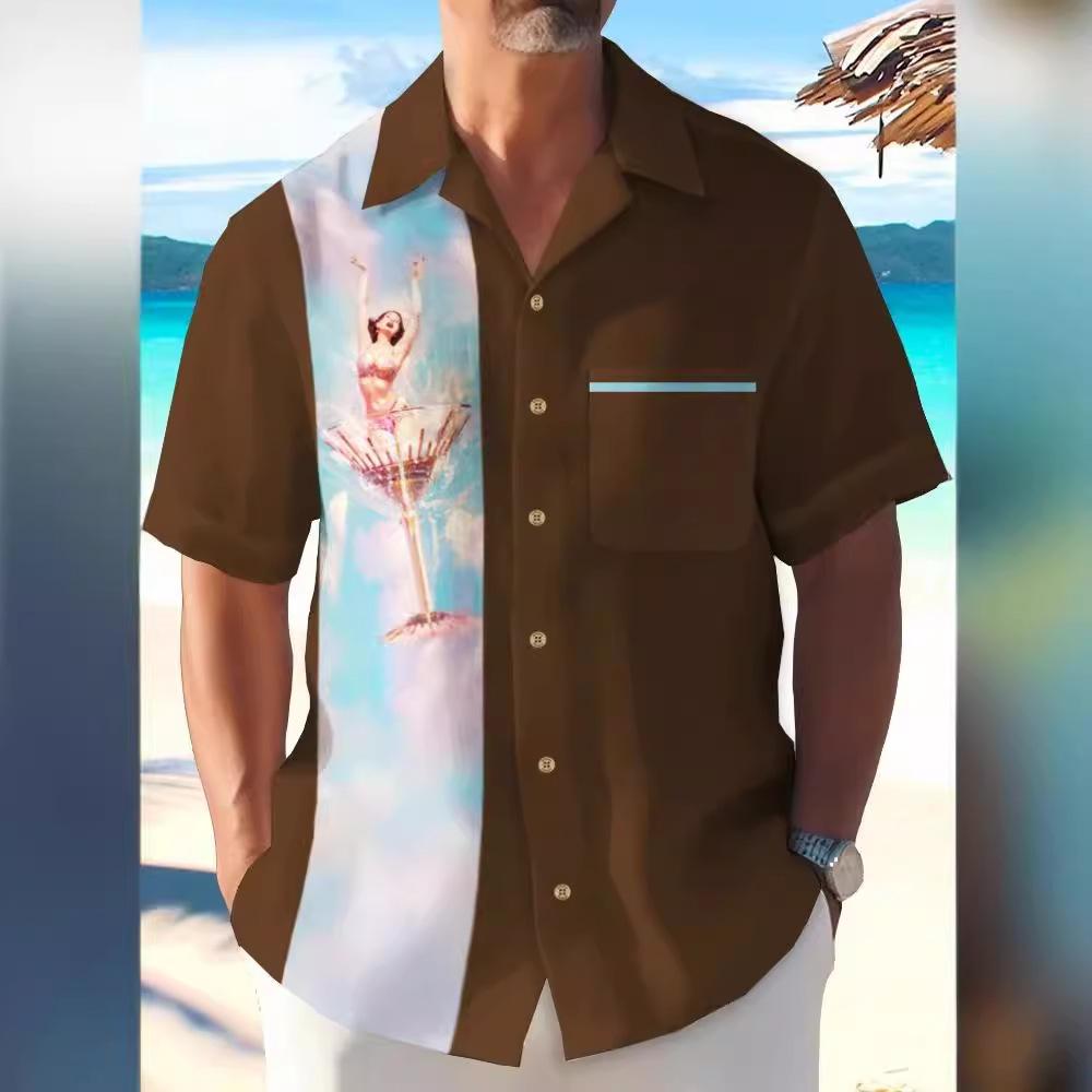Men Short Sleeve 3d Print Pocket Shirt Casual Workwear S