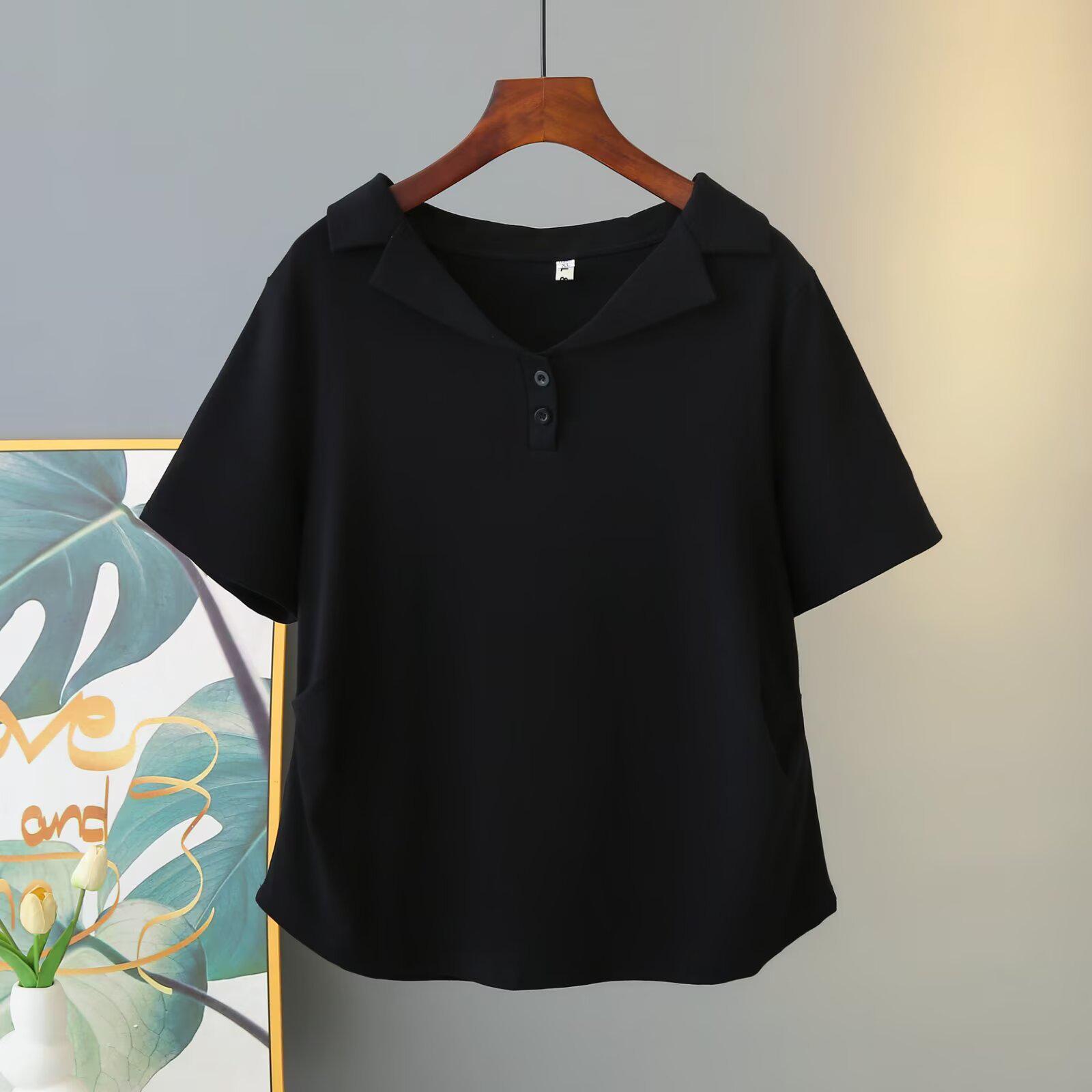 

Plus Size Women s Lapel Short Sleeve Cotton T-shirt - Slimming Pleated Waist Summer Top 4XL чорний