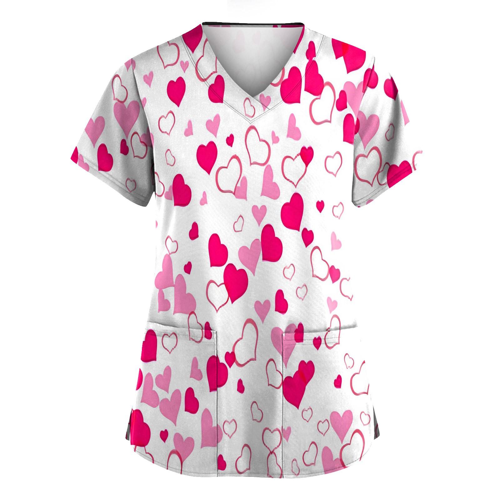 

Женская униформа с принтом ко Дню святого Валентина, свободная, с V-образным вырезом, карманом и коротким рукавом L