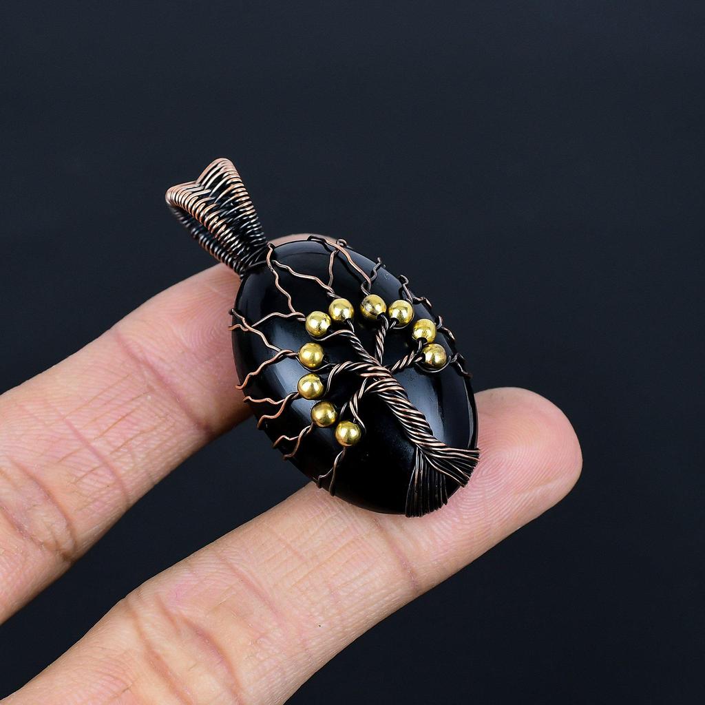 Tree Of Life Black Eye Obsidian Pendant Handmade Gemstone Jewelry, 999 Copper Wire Wrapped Pendant Design Jewelry Pendant