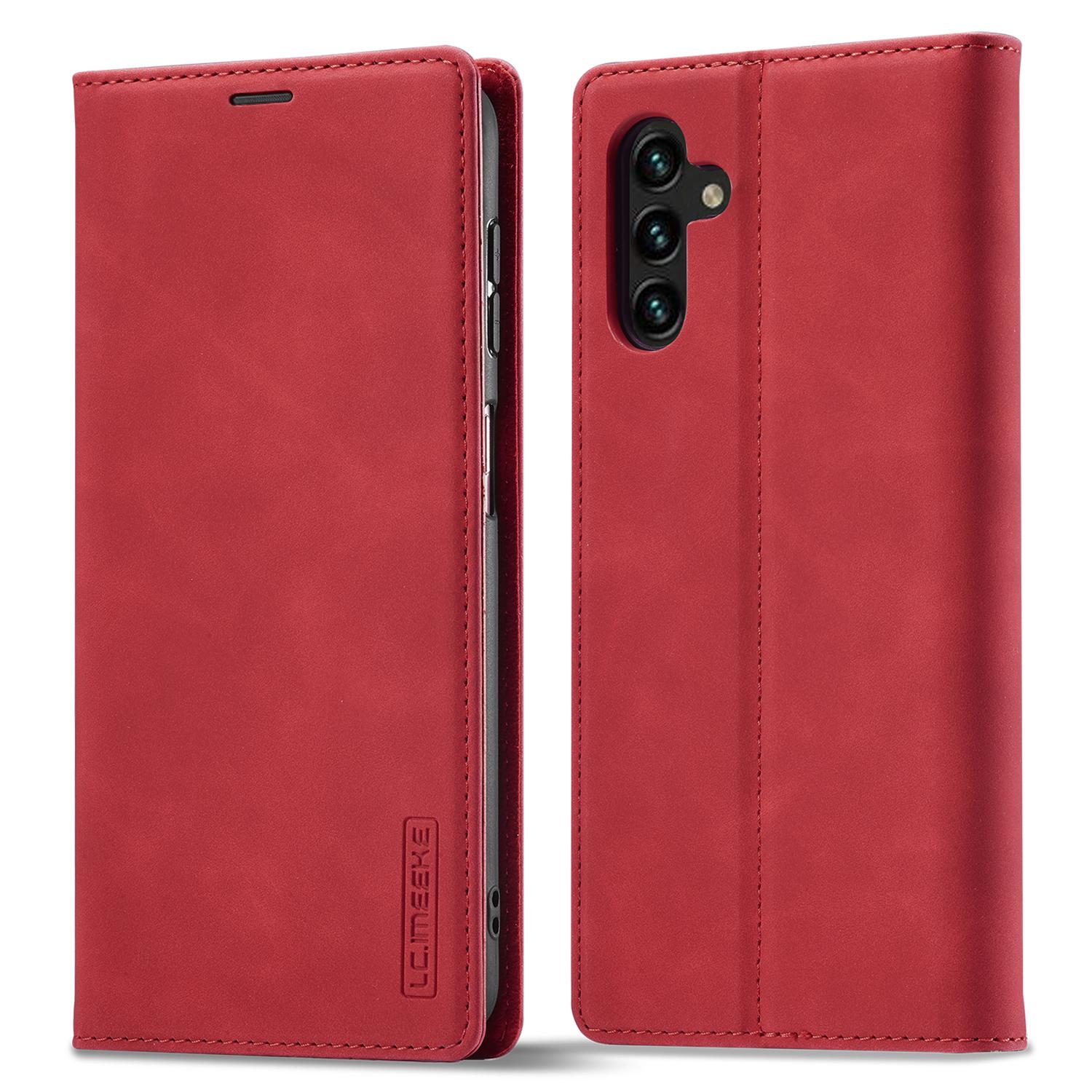 

LC.IMEEKE Magnetic Closure Phone Case For Samsung Galaxy A14 4G/5G,PU Leather Cell Phone Cover Wallet Stand Red