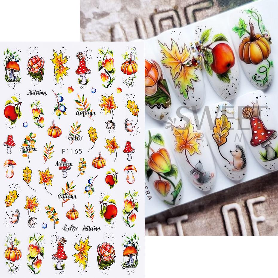 8pcs Autumn Winter Maple Leaf Nail Stickers Pumpkin Elk Mushroom Flower Self-Adhesive Nail Decal Thanksgiving DIY Manicure Decor
