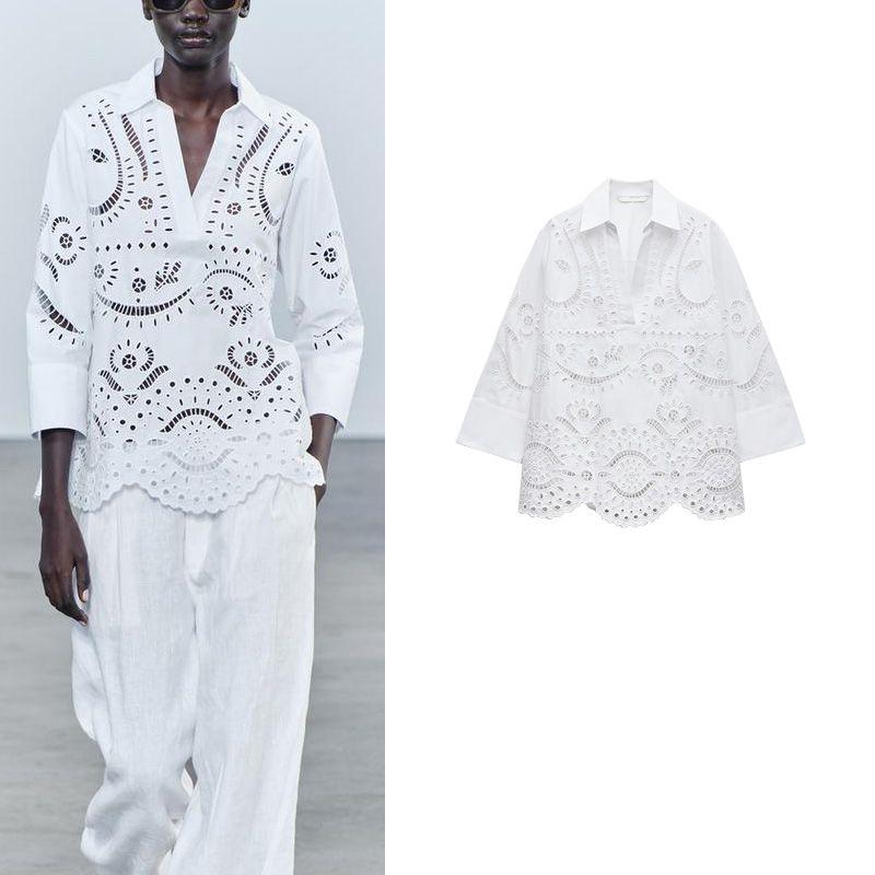 Spring Trendy Women's Clothing Elegant Simple Casual All-Match V Neck Long Sleeves Cut Out Embroider Shirt 4786243