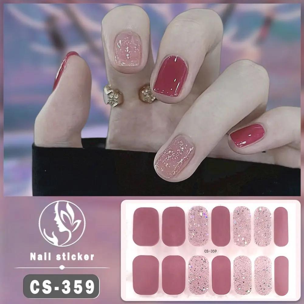 14Tips Semi Cured Gel Nail Stickers Foil Glittering Nail Art Stickers Self-Adhesive Simple Gel Full Nail Wraps Manicure Decal темно-розовый