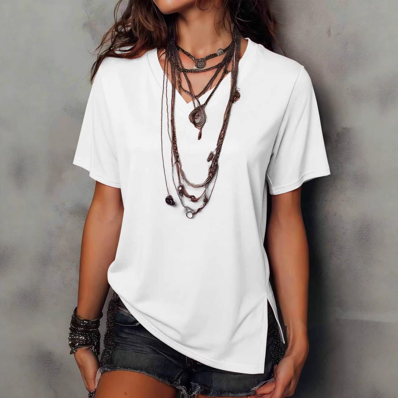 

Women s Fashionable And Elegant V-neck, Split Hem Color T-shirt Top XL білий