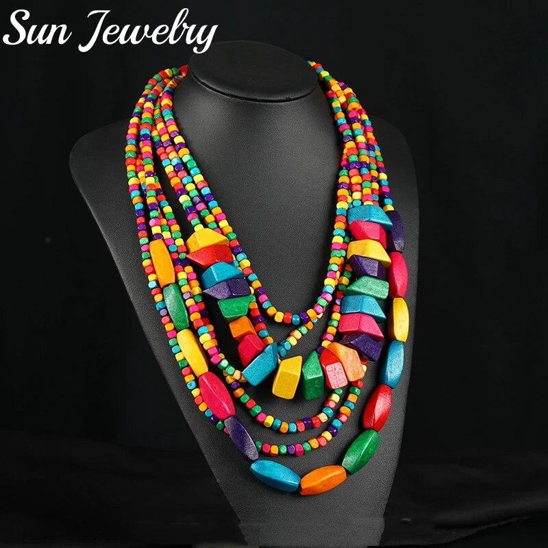 

Деревянное ожерелье ручной работы в стиле бохо, цепочка из бисера, колье, винтажные украшения, разноцветное деревянное ожерелье в стиле бохо, подвеска, сувениры для женщин