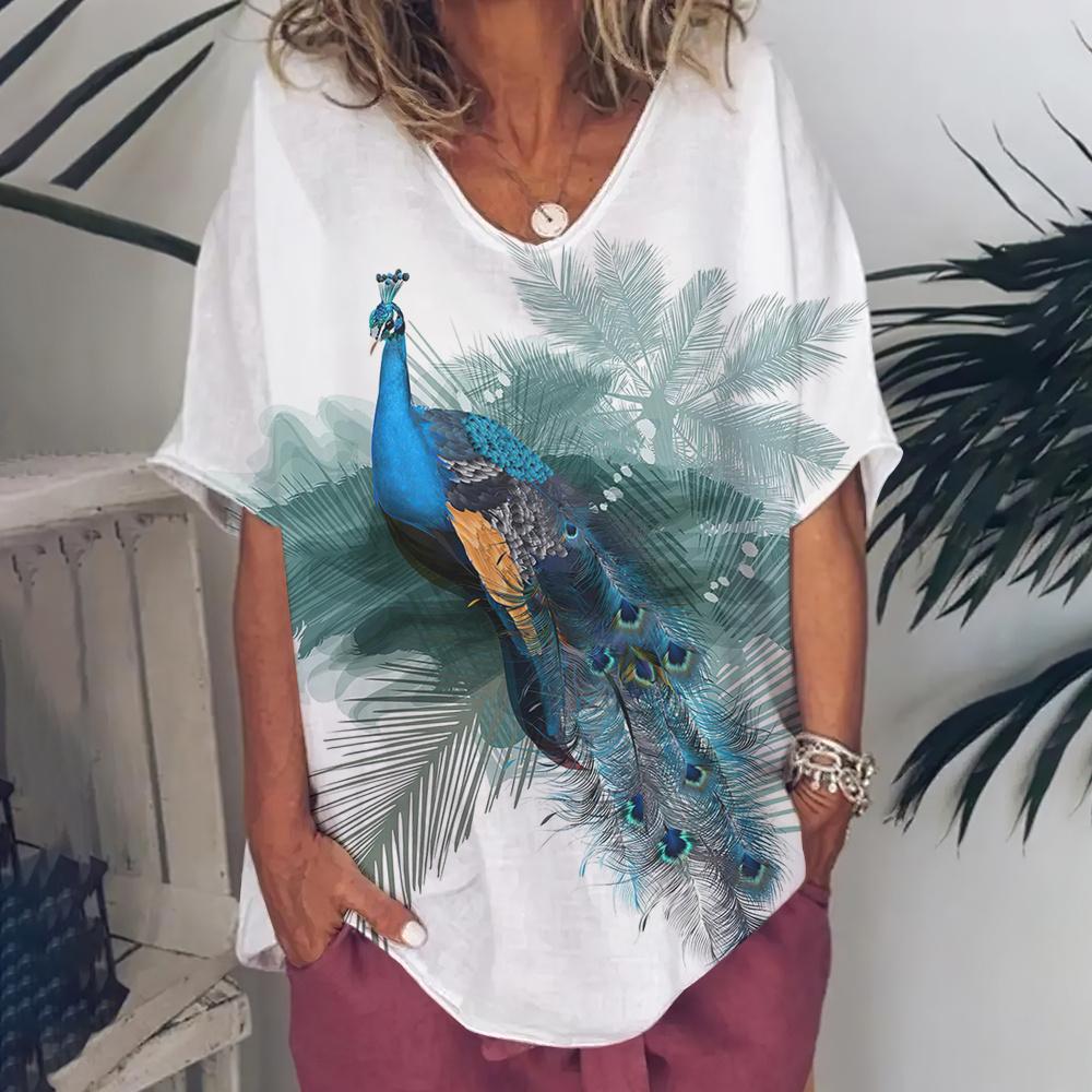 Fashion Women's T Shirt V-Neck Short Sleeve Top Women 3d Peacock Graphics Summer Plus Size Everyday Casual Female Clothing 5XL