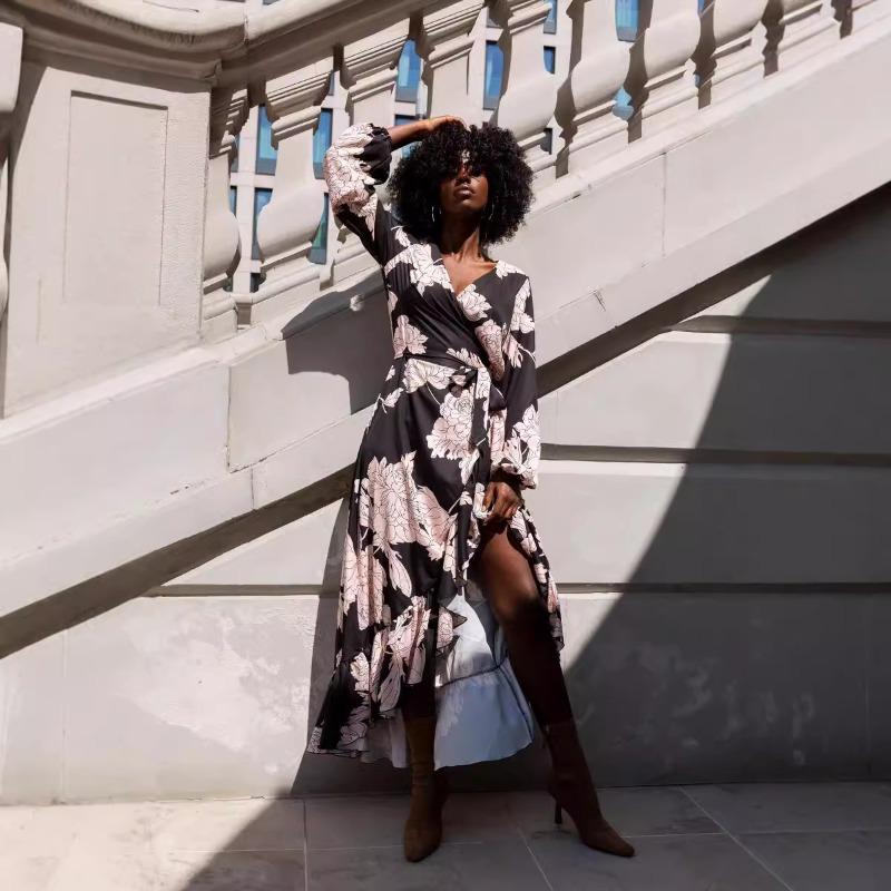 Herbst Damenkleid V-Ausschnitt Langarm Print Unregelmäßiges Kleid