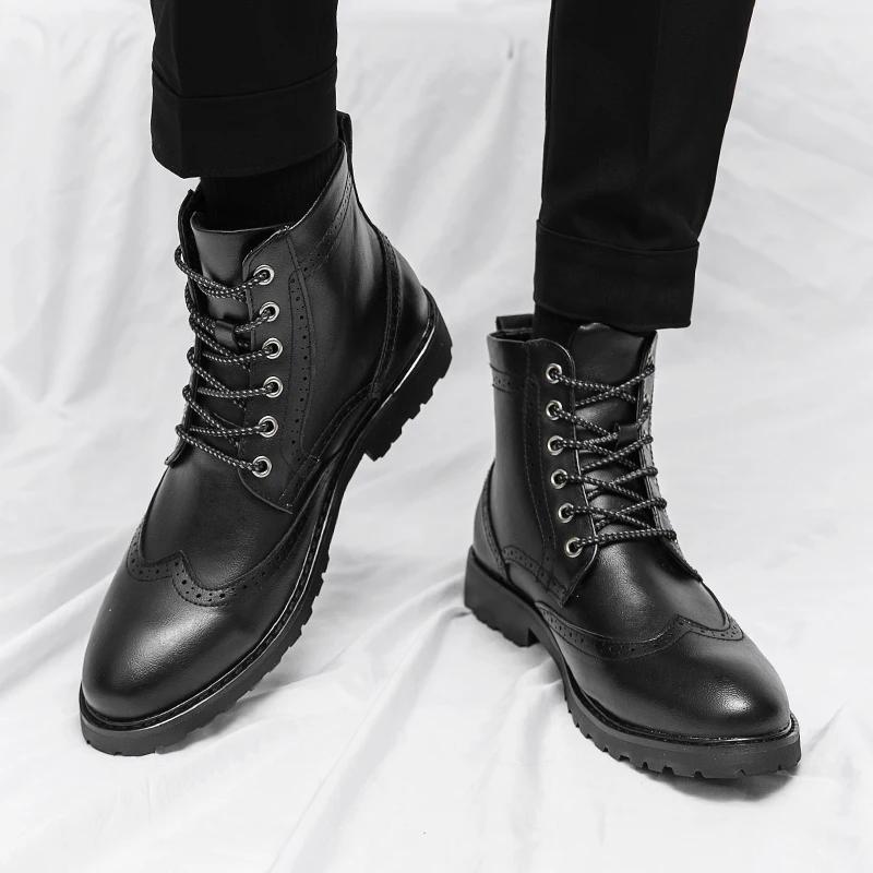 Block High Top Men Boots PU Carved Lace Up Low Heel Round Head Classic Business Formal Boots Comfortable Non Slip Men Boots
