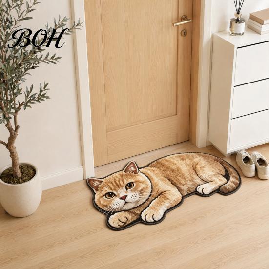 Tile And Wood Floor Mat Cute Cat Bathroom Rug, Anti-Slip Absorbent Bath Washable Plush Easy Care Kitty Door for Entrance Kitchen Home Decor Safety Rug