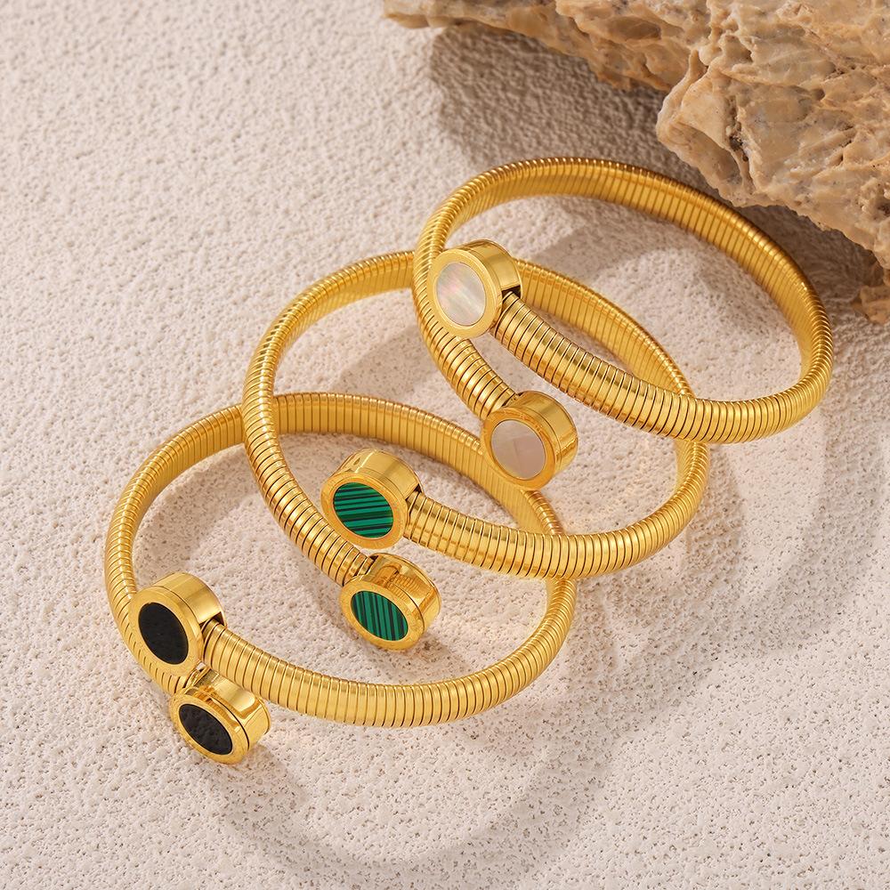 

Вінтажний круглий браслет з білої морської мушлі, простий високоякісний титановий сталевий покриття, золото 18 карат, плями