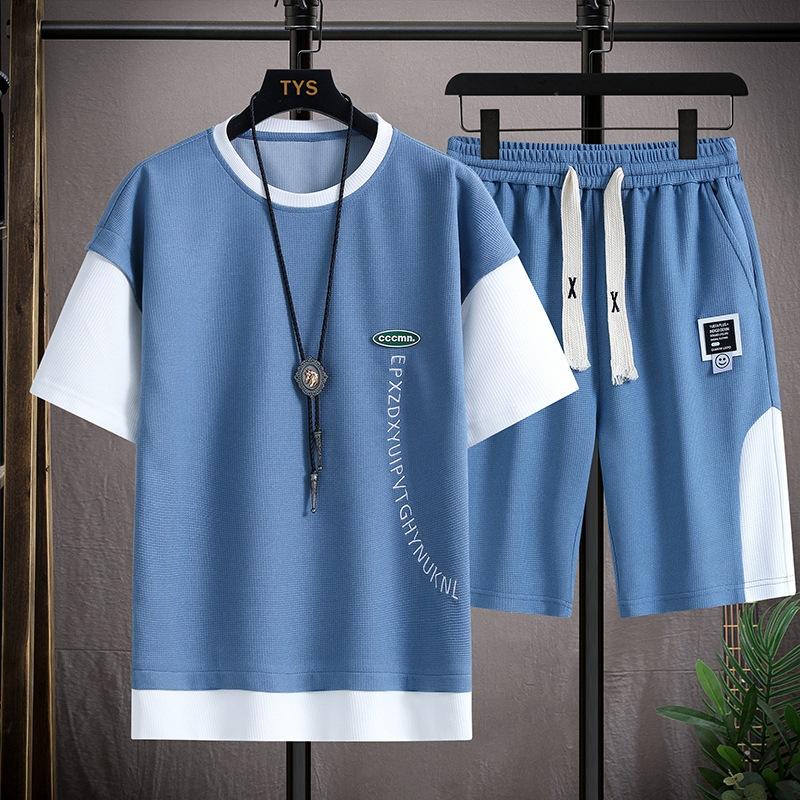 Summer Waffle Sports Suit Men's Summer Thin Loose T-shirt Casual Short-sleeved Shorts Men's Suit Handsome