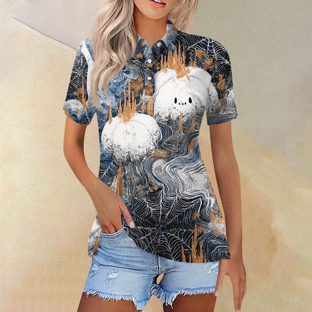 Women's Fashion Casual Lapel Short Sleeve Printed Shirt Women's Button Up Tops