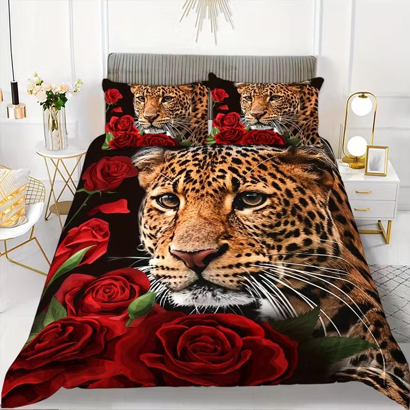 3Pcs Duvet Cover Set Rose Leopard Bedding Set Leopard Print Duvet Cover Set For Bedroom Guest Room Teens Kids Best Gifts