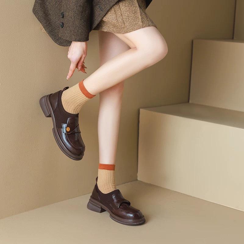 Cowhide version~ retro camellia round head loafers women's platform sole one-pedal British style small leather shoes thick heel single shoes