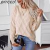 BITCED Autumn/Winter Diamond-Patterned Pullover Sweater for Women Loose-Fit O-Neck Knitted Top