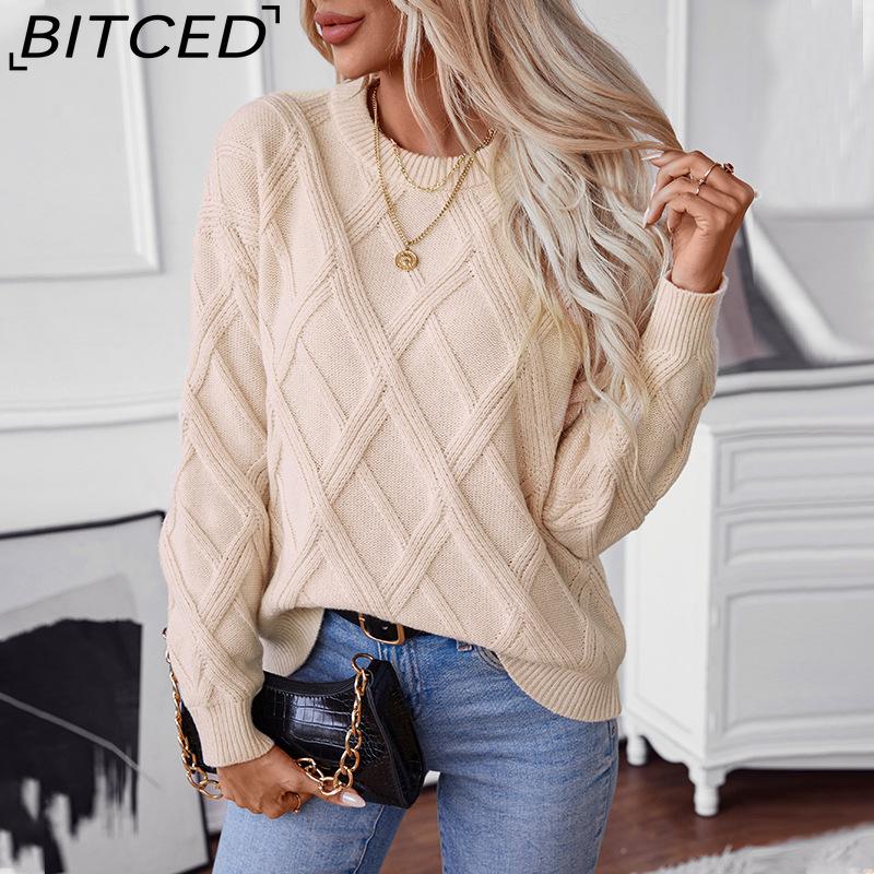 BITCED Autumn/Winter Diamond-Patterned Pullover Sweater for Women Loose-Fit O-Neck Knitted Top