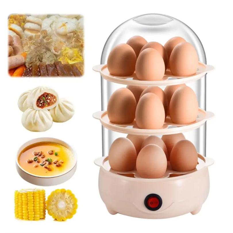 Automatic Power Off Egg Boiler Mini Multi-layer Breakfast Machine with Measuring Cup Egg Poacher for Home Dormitory