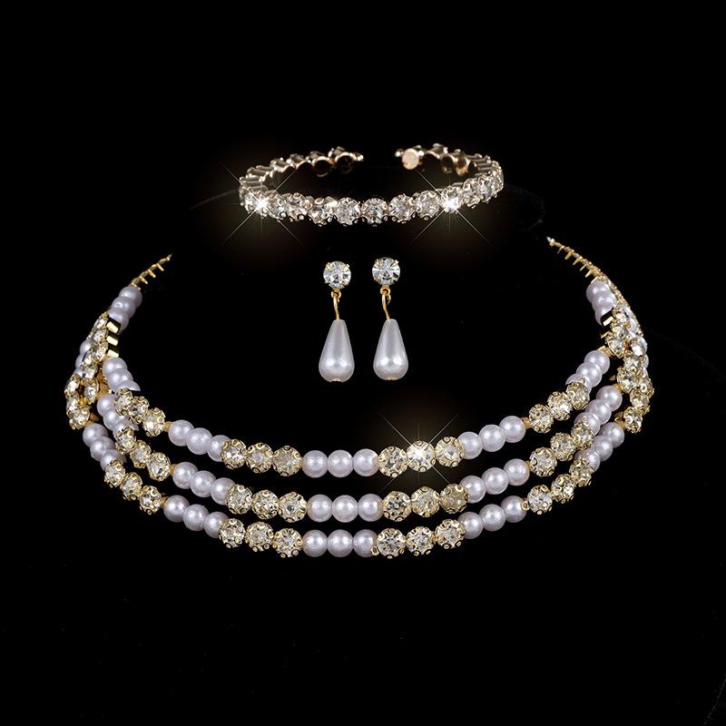 Bridal Pearl Full Diamond Necklace Necklace Diamond Imitation Pearl Bracelet Earrings Necklace Set Women