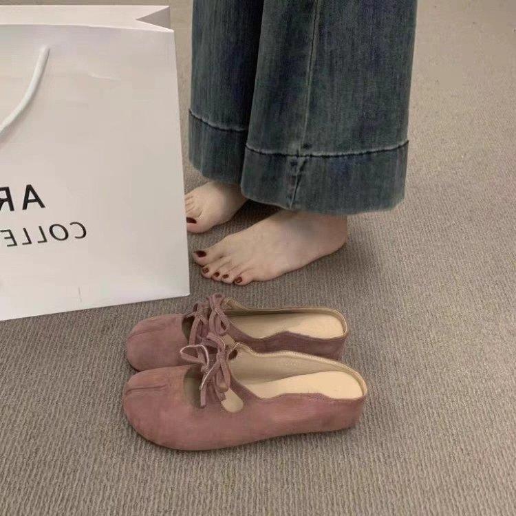 Retro Mori round head bow inner heightening bag head half slippers summer outer wear wedge heel Muller shoes