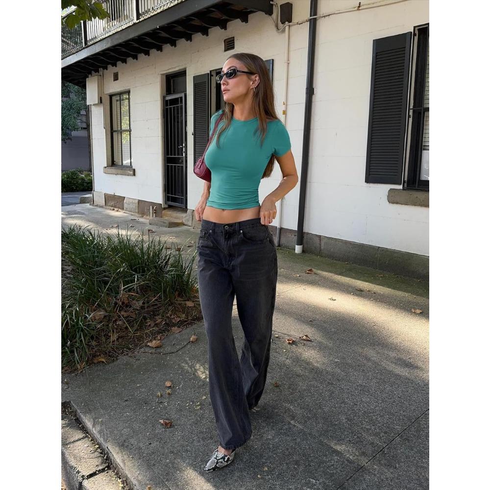 Womens Tops Trendy Basic Crew Neck Short Sleeve T Shirt Slim Fit Cute Crop Top Shirts Casual Women Summer Clothes