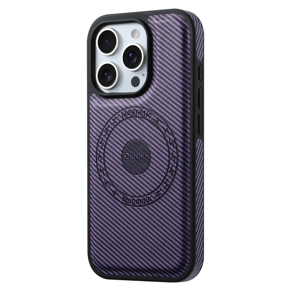 

DENIOR For iPhone 16 Pro Case Compatible with MagSafe Carbon Fiber Texture Leather Back Cover Purple