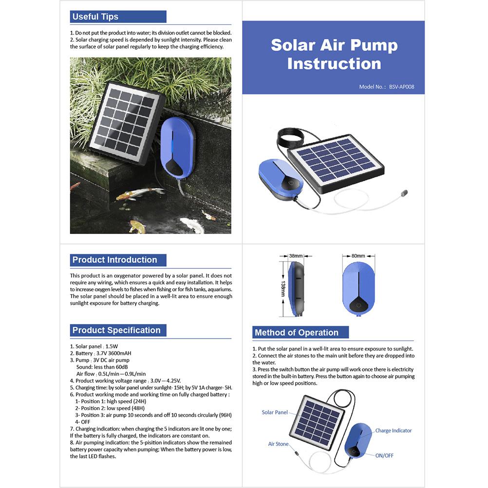 2022 New Solar Air Pump Kit Fish Tank Oxygenator USB Portable Pond Aerator with Pipe Air Stone for Outdoor Garden Fish