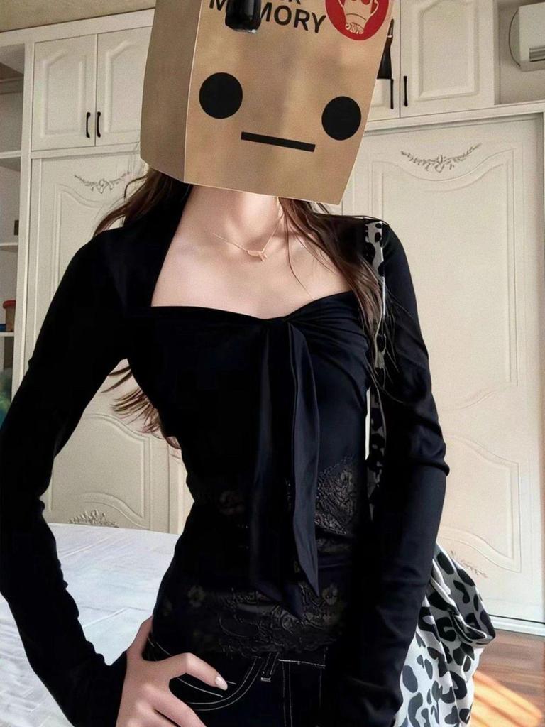 Pure Desire Spicy Lace Patchwork Long Sleeve T-shirt - Women's Autumn/Winter Niche Design Exquisite Top