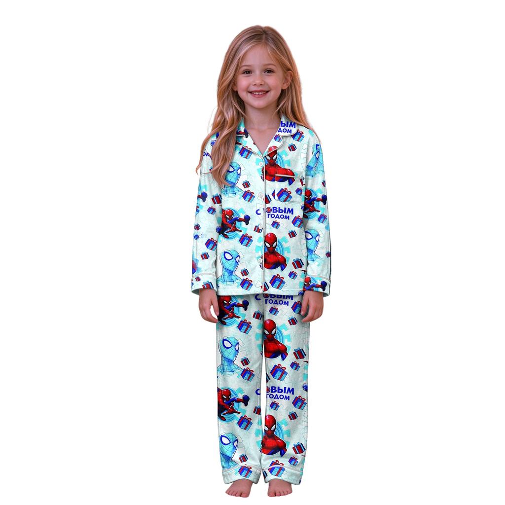 Christmas Parent-Child Matching Outfit with Stand Collar, Button Front and Festive Print