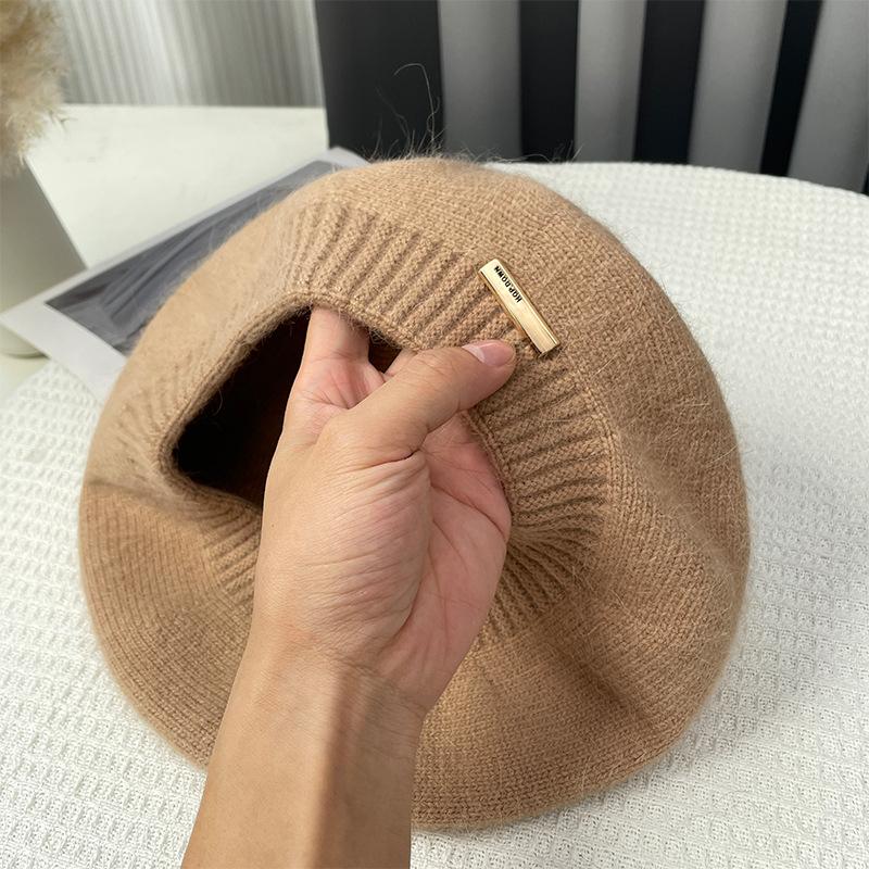 Pălărie cu beretă de păr de iepure pentru femei, toamnă, iarnă, coreeană, gri, pălării de pictor, retro, logo-ul de fier, șapci din fire de muguri