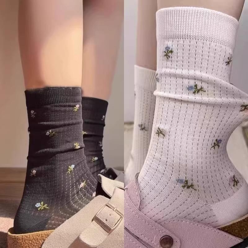 Spring Summer Thin Mesh Floral Socks Women Mid Calf Breathable Moisture Wicking Anti Odor Japanese Stacking Cotton Stockings