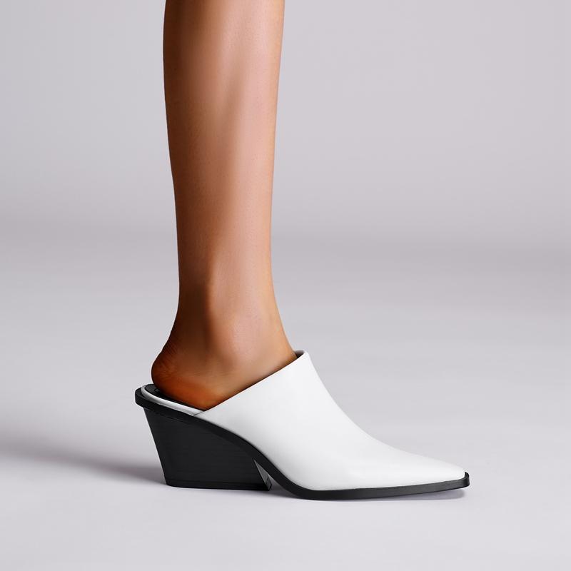 Kaky's New Cow Pasted Leather Pointed Wedge Heels High Heels Women's Shoes Large Slippers Wrapped Half Slippers Sheepskin Footpa