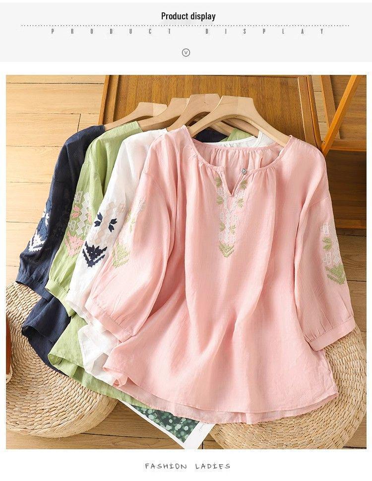 Women's Ethnic Cotton Linen Embroidered Lantern Sleeve Top