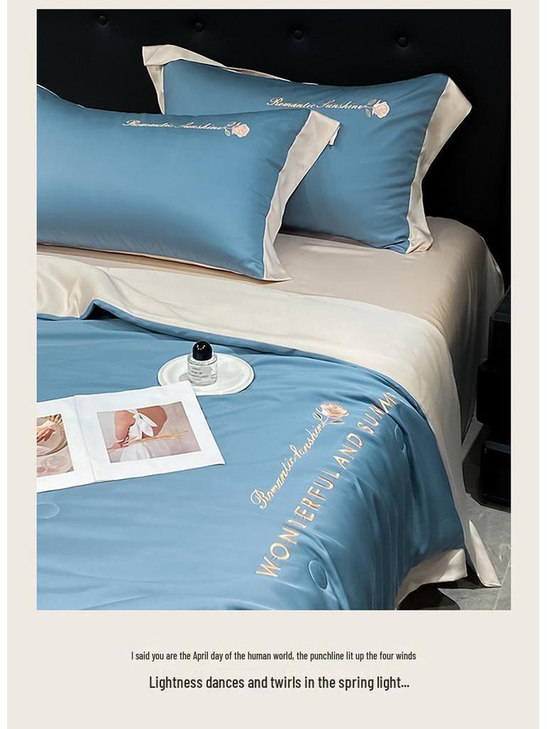 Luxury Washable Ice Silk Summer Quilt Set - Cool, Embroidered, Lightweight Four-Piece Bedding for Air Conditioning