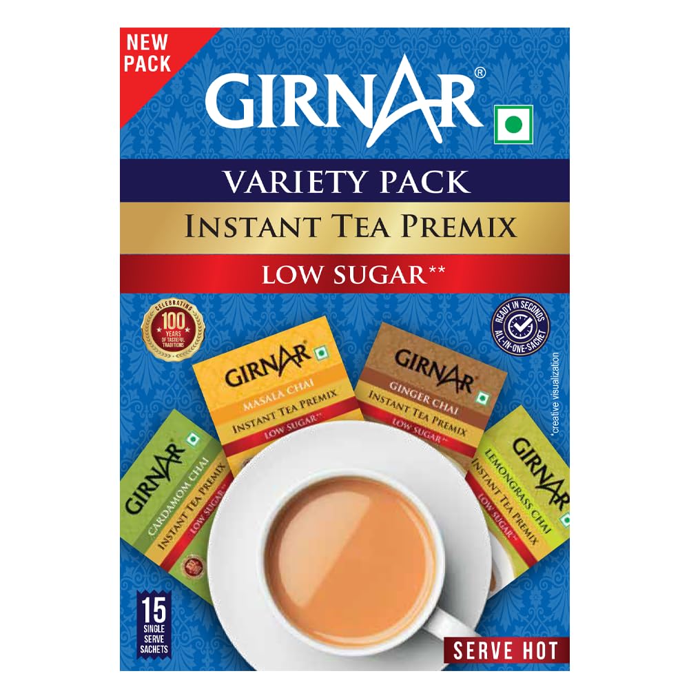 Girnar Prémélange Instantané pour Thé Variété Faible en Sucre 15 Sachets Masala Gingembre Cardamome Citronnelle