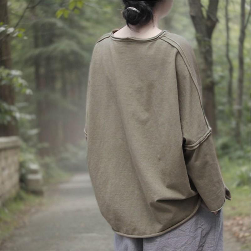 Johnature Camisetas Vintage Irregulares para Mujer Color Sólido Manga Larga Cuello O Primavera Holgadas Suaves