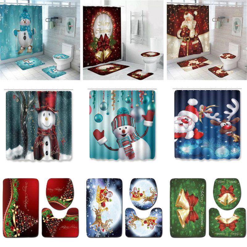 4pcs Shower Christmas Curtain Toilet Cushion Set Cover Mat Pad Rug Xmas Bathroom