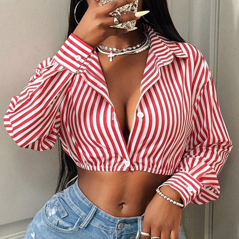 Осеннее Новое Поступление Женские Уличная Мода Повседневные Полосатые Рубашки с Длинным Рукавом Dropshipping S красный