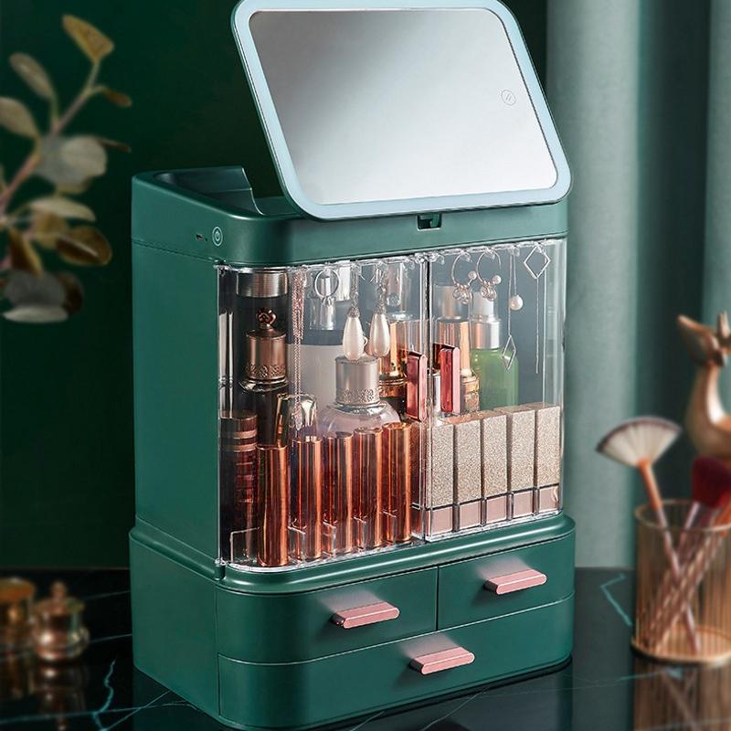 Kosmetik-Aufbewahrungsbox mit Spiegel, All-in-One-Desktop-Staub-Hautpflegeprodukte, großes Fassungsvermögen, Schminkregal