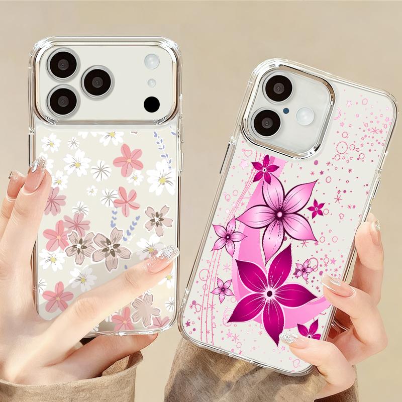 Pink Cartoon Floral Case For iPhone 17 Pro Max iPhone 16 15 14 13 Pro Max 11 17e 16e Plating Lens Frame Clear Soft Silicone Back Cover