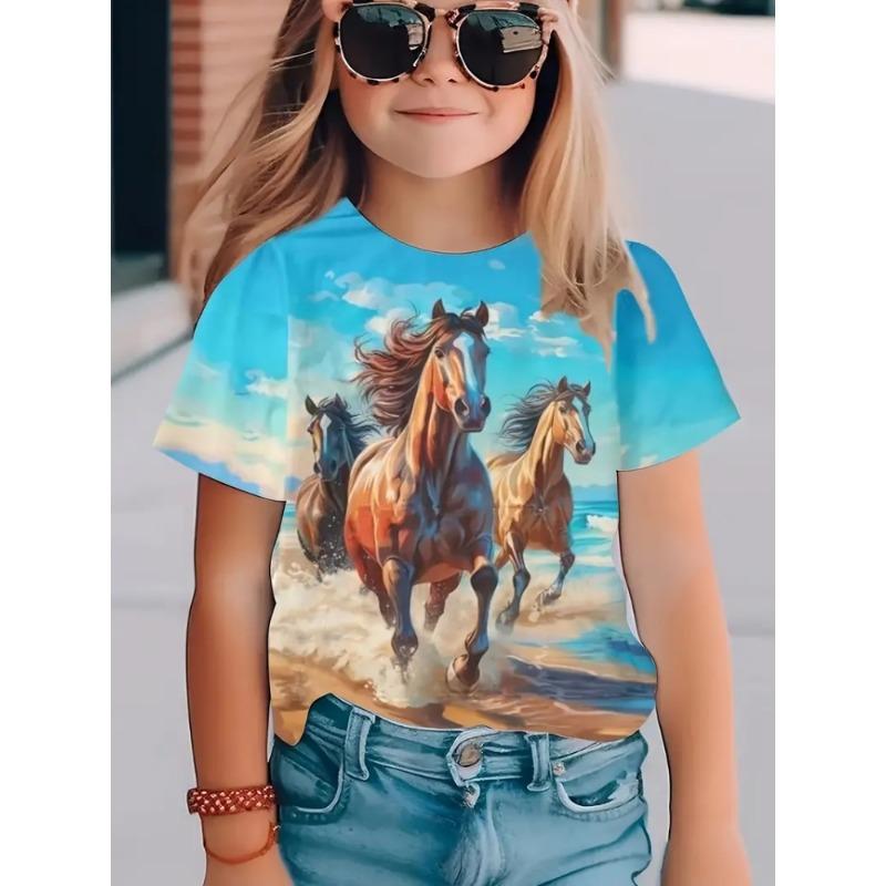 Barnkläder Flicka Söt och Rolig Djur Häst 3D-tryck Grafiska T-shirts Stil Bekväm Rundhalsad Topp T-shirt för Flickor