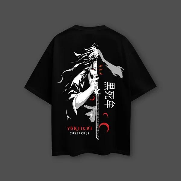 T-shirt Nera Oversize Yoriichi Kokushibo Anime Demon Slayer Uomo e Donna Traspirante Alta Qualità Y2K Manica Corta