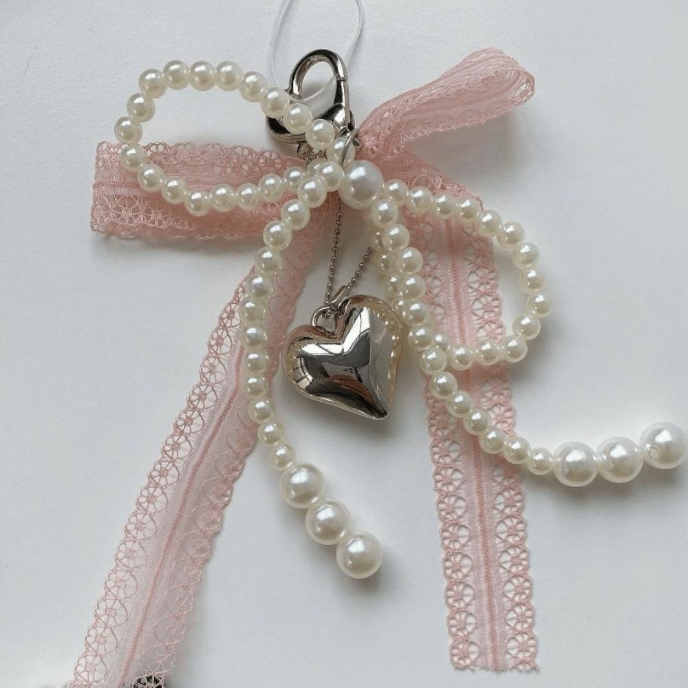 Zinc Zinc Alloy Pearl Keychain Heart Clasp Hanging Keyring Girlish Bow Bag Pendant Handbag Decoration