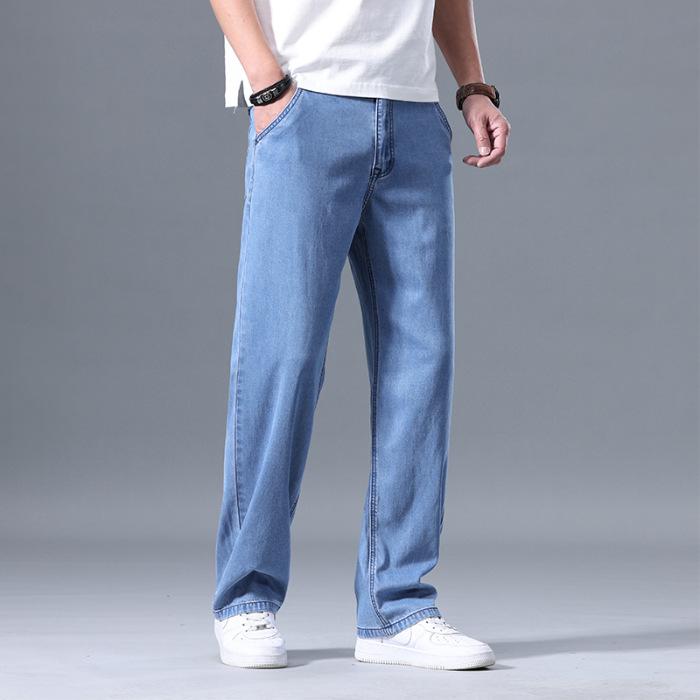 Summer Thin Men's Loose Straight Jeans Lyocell Soft Drape Business Casual Trousers Classic Smoke Brand Ice Silk Pants
