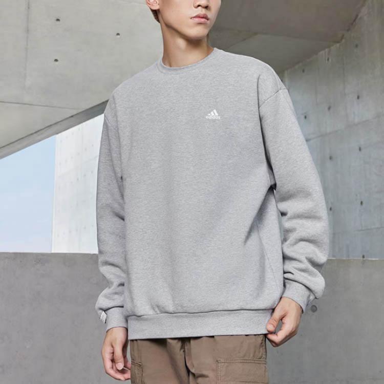Adidas Logo Crew Sweatshirt Solid Logo Fleece Thick Sports Casual Loose Round Neck Long Sleeve Sweatshirt Men Sweatshirt Medium-Heather-Gray IV7599
