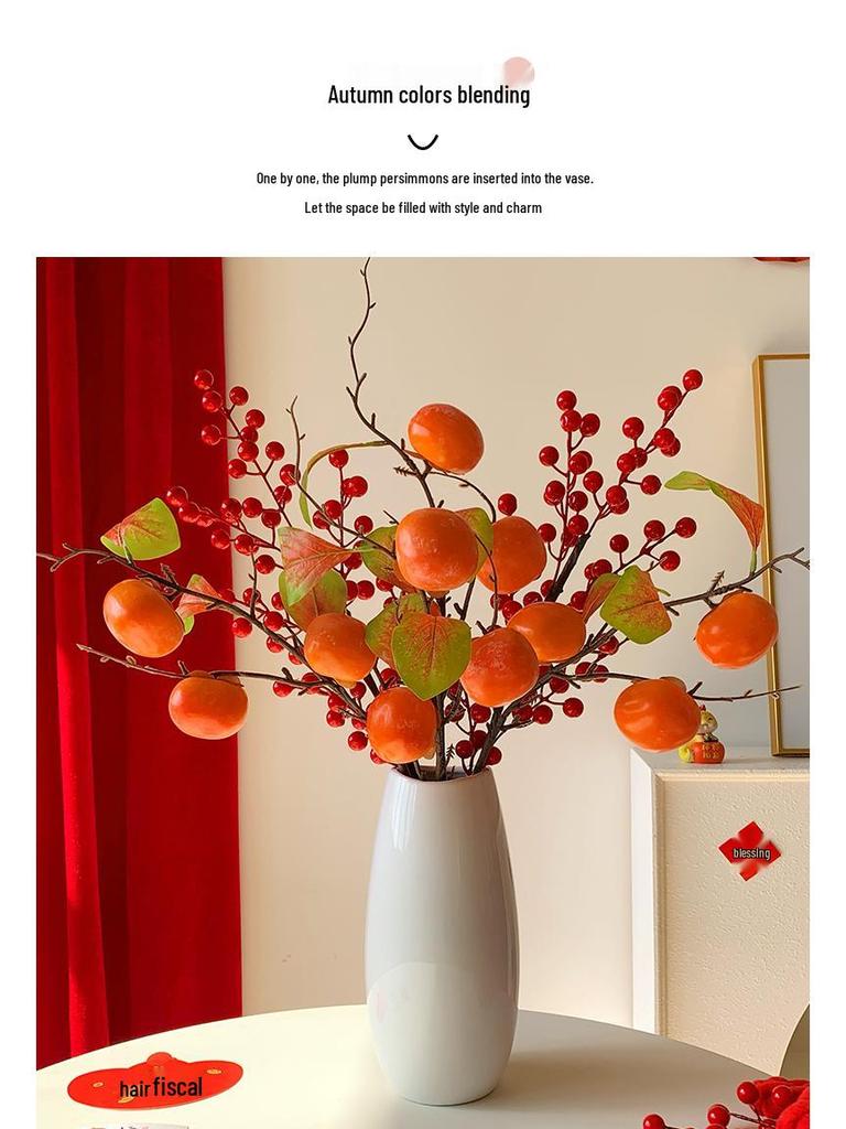 Persimmon Artificial Flower Arrangement: New Year Decoration with Red Fruit Accents for Living Room.