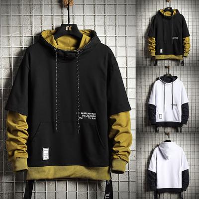 Men's  New Fashion Loose Stitching Fake Two-piece Hooded Sweater Top