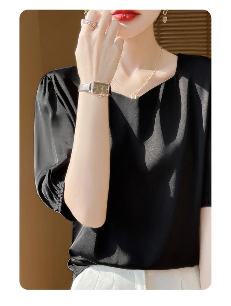 Damen Sommer Acetat Satin Diamantkragen Locker Kurzarm Mode Top