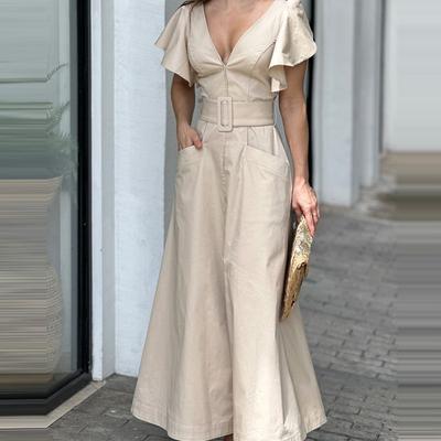 V-neck Dress, Solid Color Lotus Leaf Sleeve Long Skirt, Elegant Commuting Waist Cinching Dress